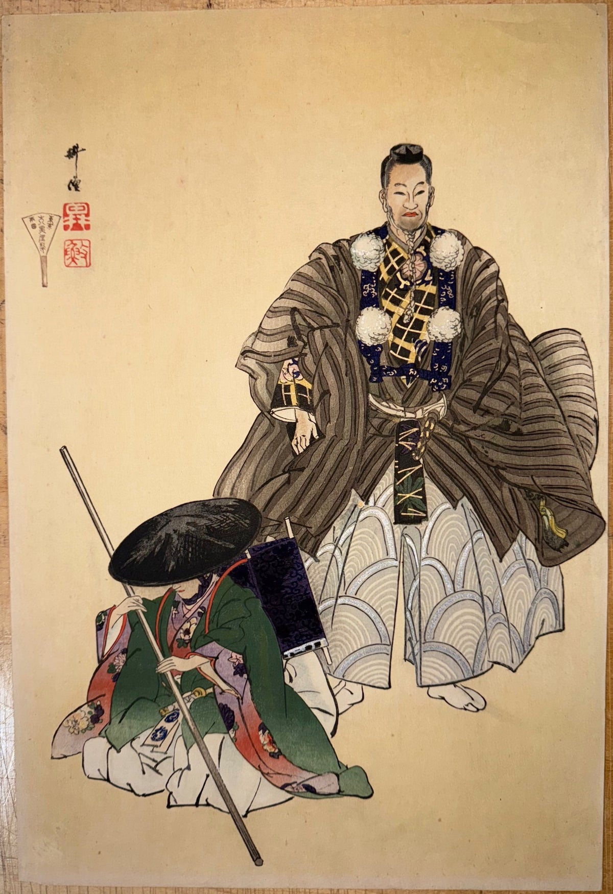 ANTIQUE ORIGINAL JAPANESE DIPTYCH WOODBLOCK PRINTS BY TSUKIOKA KOGYO (1869-1927) TITLED ATAKA, 19.5IN x 24IN (50cm x 61cm)