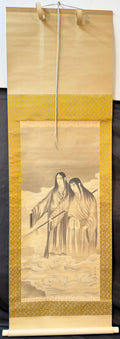 CHINESE HANGING SCROLL PAINTING OF TWO CELESTIAL MAIDENS IN CLOUDS BY YUAN XIN, 1959, 21IN x 71IN (53cm x 180cm)