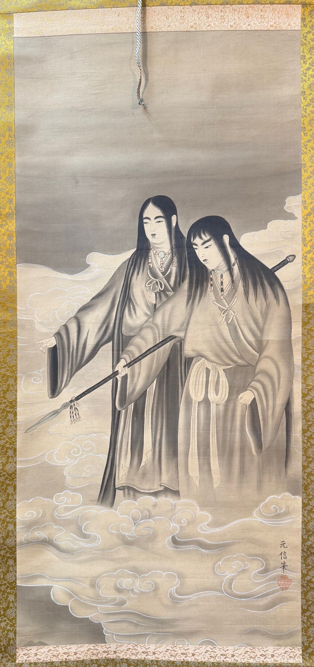 CHINESE HANGING SCROLL PAINTING OF TWO CELESTIAL MAIDENS IN CLOUDS BY YUAN XIN, 1959, 21IN x 71IN (53cm x 180cm)