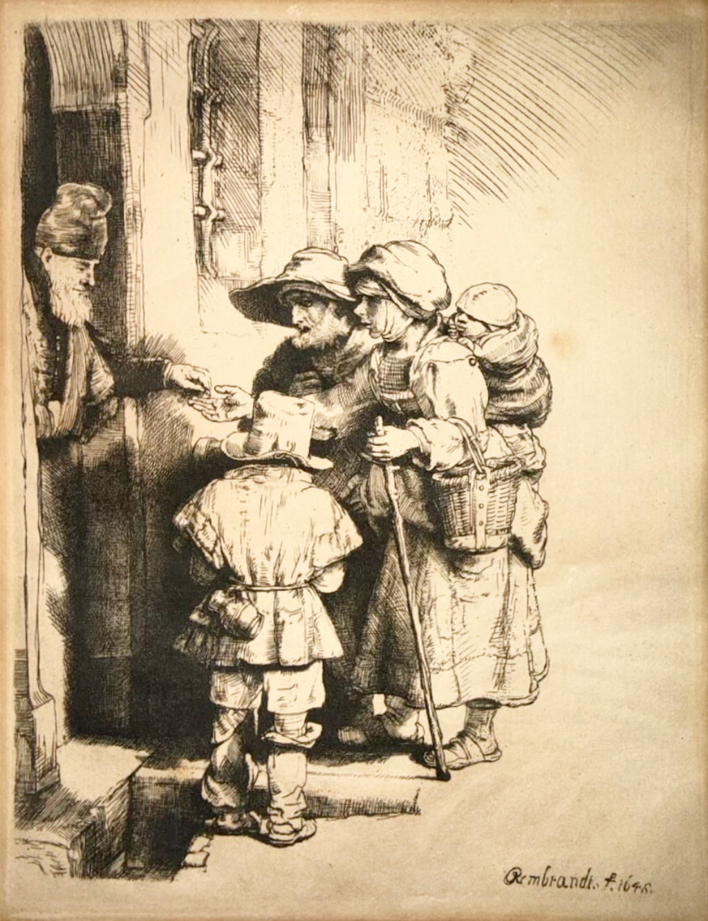 REMBRANDT VAN RIJN (1648) ETCHING TITLED BEGGARS RECEIVING ALMS AT DOOR OF A HOUSE, 15IN x 17IN (38cm x 43cm)