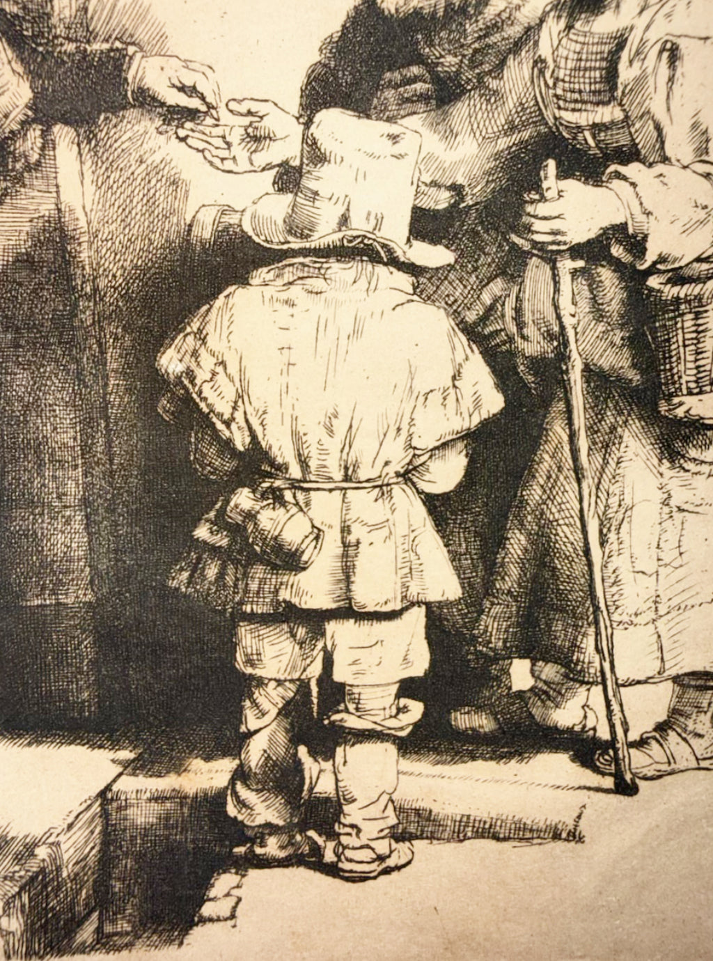 REMBRANDT VAN RIJN (1648) ETCHING TITLED BEGGARS RECEIVING ALMS AT DOOR OF A HOUSE, 15IN x 17IN (38cm x 43cm)