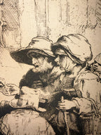 REMBRANDT VAN RIJN (1648) ETCHING TITLED BEGGARS RECEIVING ALMS AT DOOR OF A HOUSE, 15IN x 17IN (38cm x 43cm)