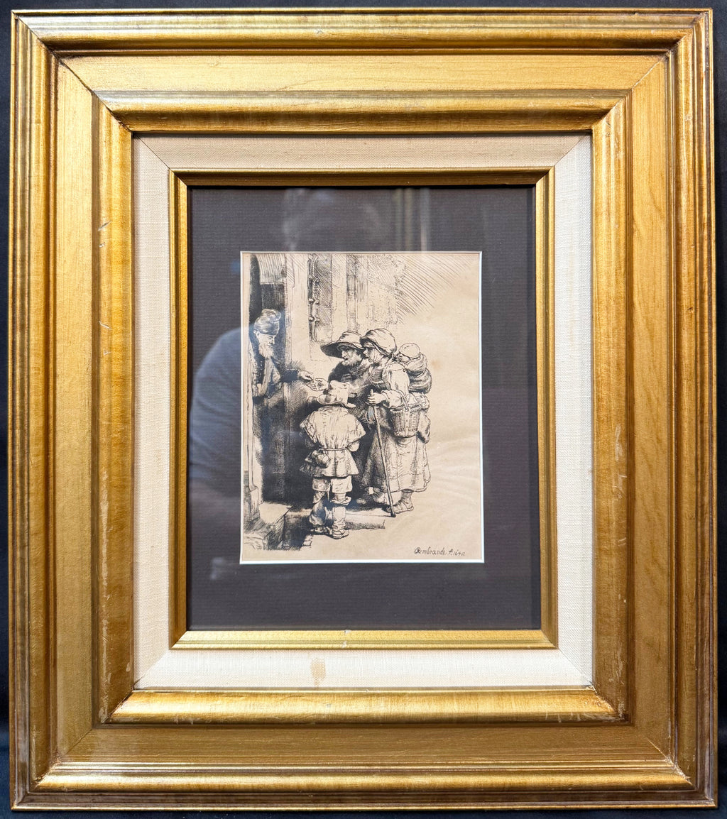 REMBRANDT VAN RIJN (1648) ETCHING TITLED BEGGARS RECEIVING ALMS AT DOOR OF A HOUSE, 15IN x 17IN (38cm x 43cm)