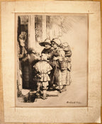 REMBRANDT VAN RIJN (1648) ETCHING TITLED BEGGARS RECEIVING ALMS AT DOOR OF A HOUSE, 15IN x 17IN (38cm x 43cm)