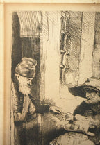 REMBRANDT VAN RIJN (1648) ETCHING TITLED BEGGARS RECEIVING ALMS AT DOOR OF A HOUSE, 15IN x 17IN (38cm x 43cm)