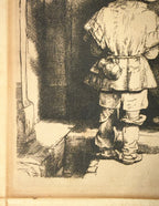 REMBRANDT VAN RIJN (1648) ETCHING TITLED BEGGARS RECEIVING ALMS AT DOOR OF A HOUSE, 15IN x 17IN (38cm x 43cm)