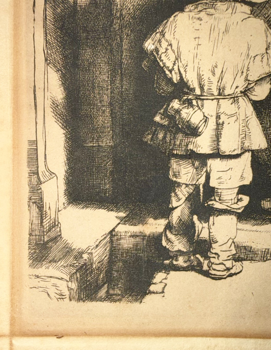 REMBRANDT VAN RIJN (1648) ETCHING TITLED BEGGARS RECEIVING ALMS AT DOOR OF A HOUSE, 15IN x 17IN (38cm x 43cm)