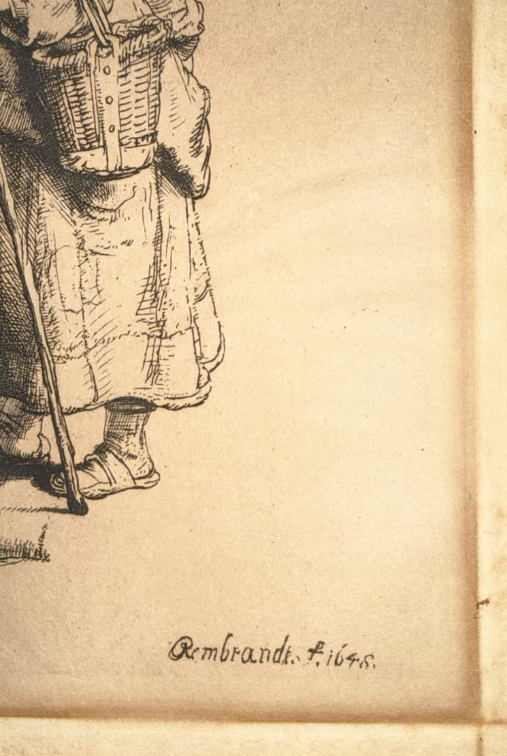 REMBRANDT VAN RIJN (1648) ETCHING TITLED BEGGARS RECEIVING ALMS AT DOOR OF A HOUSE, 15IN x 17IN (38cm x 43cm)