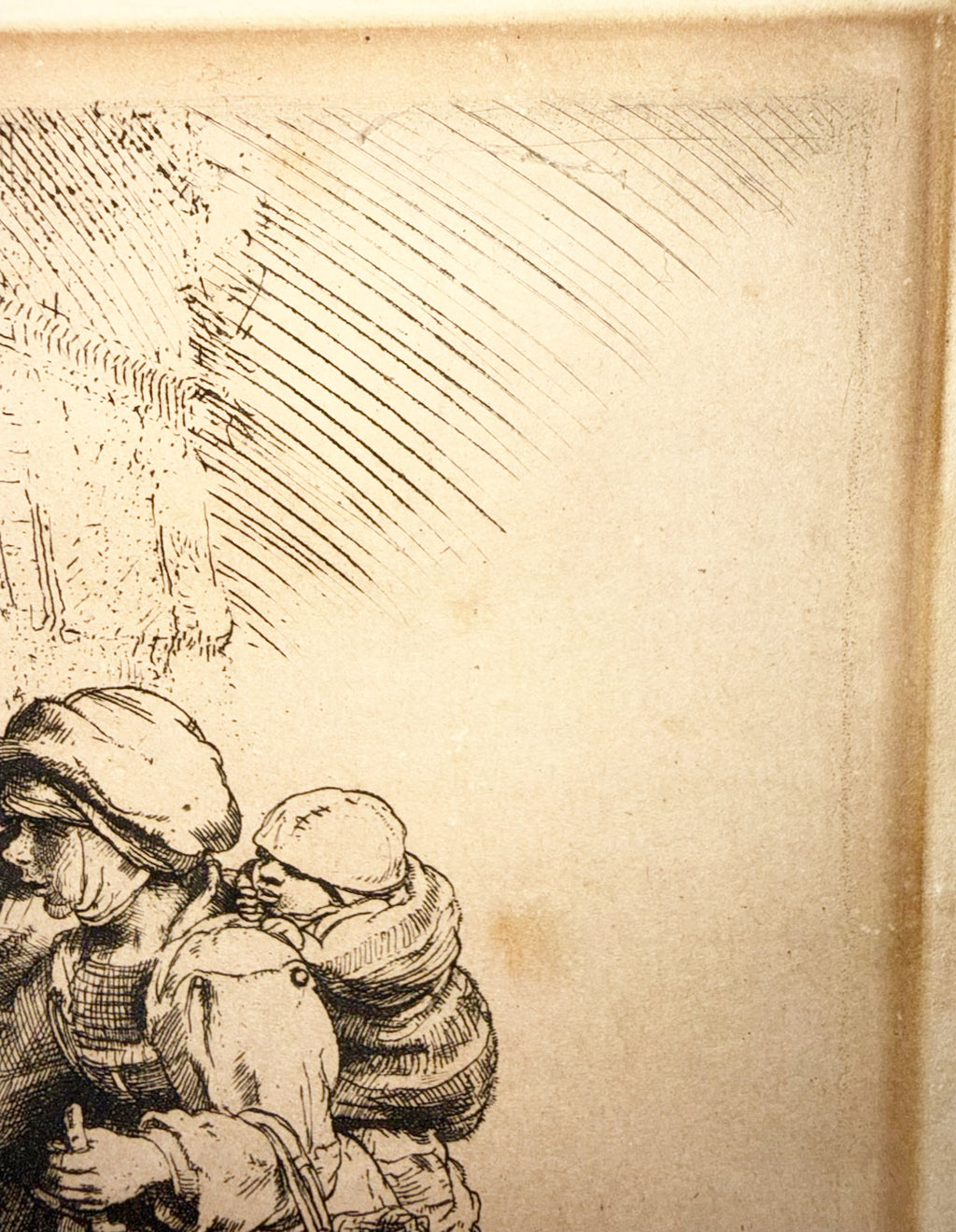 REMBRANDT VAN RIJN (1648) ETCHING TITLED BEGGARS RECEIVING ALMS AT DOOR OF A HOUSE, 15IN x 17IN (38cm x 43cm)