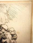 REMBRANDT VAN RIJN (1648) ETCHING TITLED BEGGARS RECEIVING ALMS AT DOOR OF A HOUSE, 15IN x 17IN (38cm x 43cm)