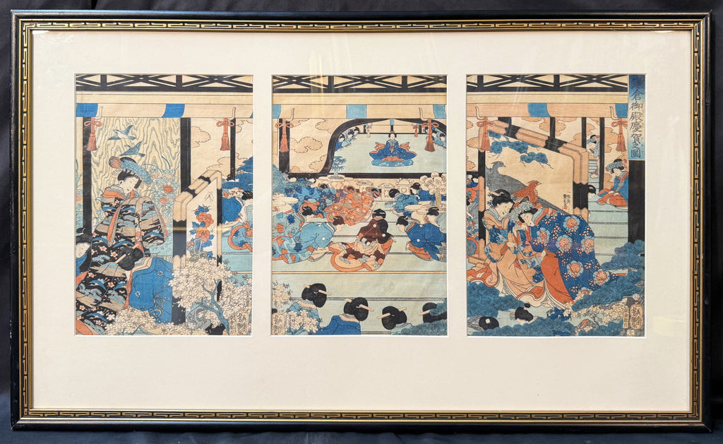 ANTIQUE ORIGINAL JAPANESE TRIPTYCH WOODBLOCK PRINT BY UTAGAWA KUNISADA (1786-1864) TITLED CELEBRATORY SCENE AT THE KAMAKURA PALACE, 22.5IN x 36IN (57cm x 91cm)
