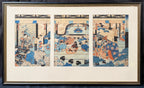 ANTIQUE ORIGINAL JAPANESE TRIPTYCH WOODBLOCK PRINT BY UTAGAWA KUNISADA (1786-1864) TITLED CELEBRATORY SCENE AT THE KAMAKURA PALACE, 22.5IN x 36IN (57cm x 91cm)