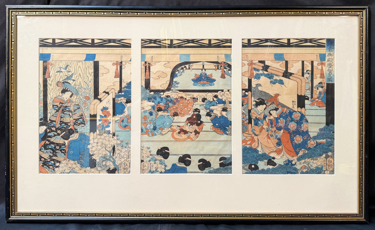ANTIQUE ORIGINAL JAPANESE TRIPTYCH WOODBLOCK PRINT BY UTAGAWA KUNISADA (1786-1864) TITLED CELEBRATORY SCENE AT THE KAMAKURA PALACE, 22.5IN x 36IN (57cm x 91cm)