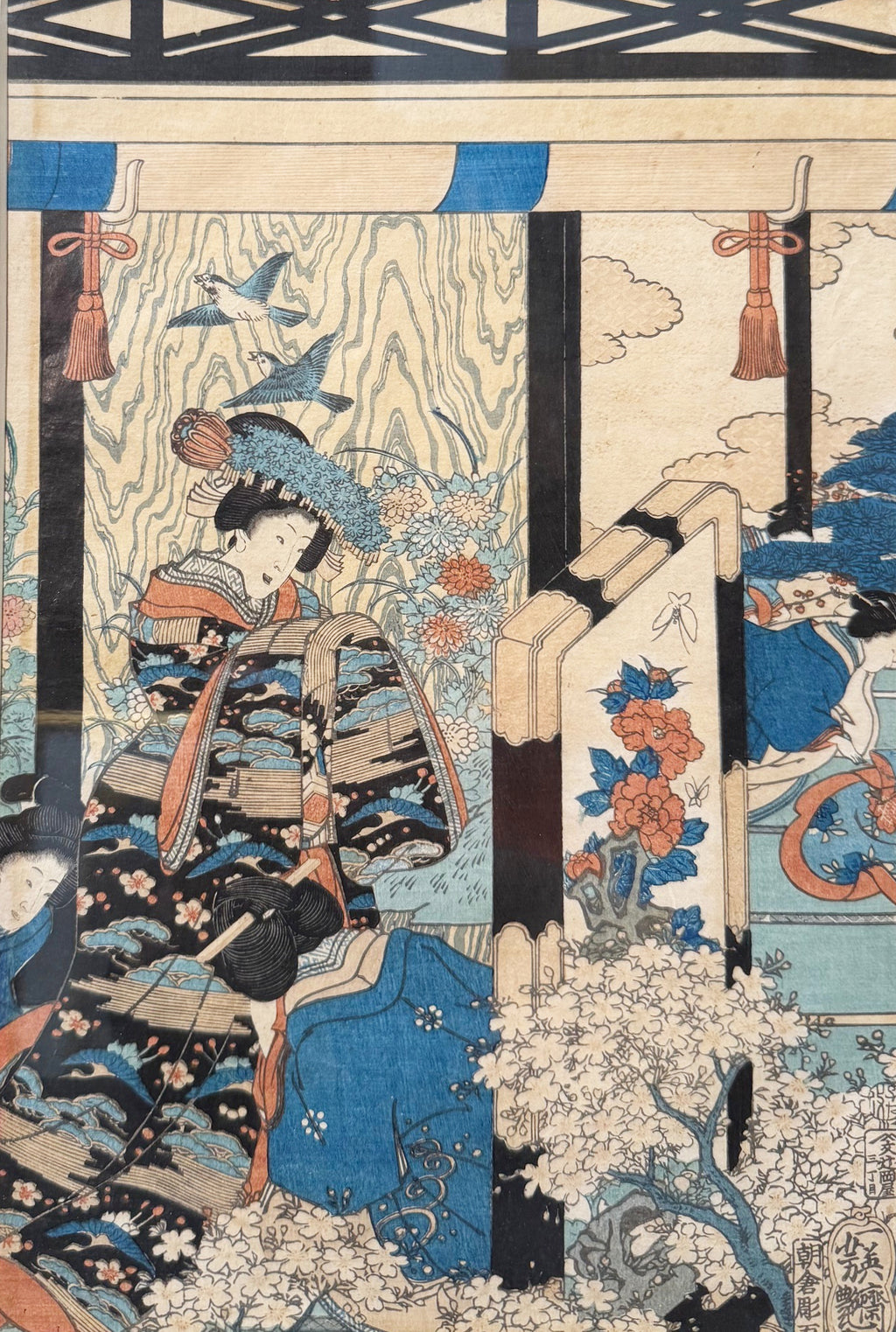 ANTIQUE ORIGINAL JAPANESE TRIPTYCH WOODBLOCK PRINT BY UTAGAWA KUNISADA (1786-1864) TITLED CELEBRATORY SCENE AT THE KAMAKURA PALACE, 22.5IN x 36IN (57cm x 91cm)