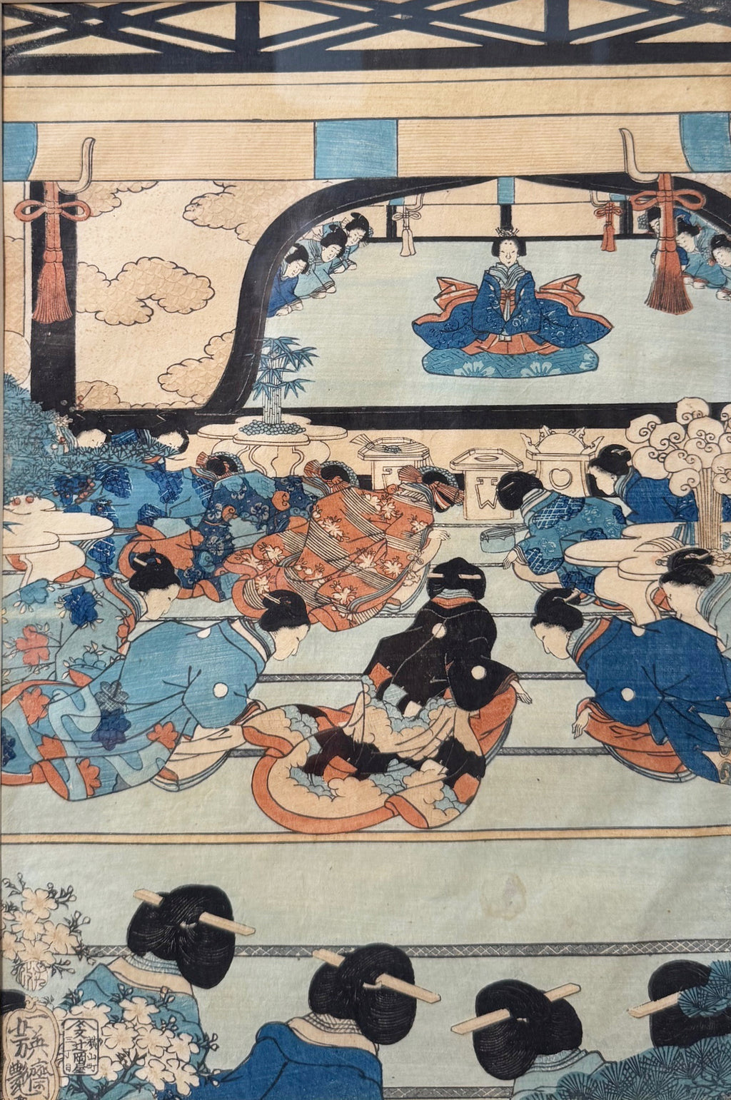 ANTIQUE ORIGINAL JAPANESE TRIPTYCH WOODBLOCK PRINT BY UTAGAWA KUNISADA (1786-1864) TITLED CELEBRATORY SCENE AT THE KAMAKURA PALACE, 22.5IN x 36IN (57cm x 91cm)