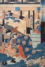 ANTIQUE ORIGINAL JAPANESE TRIPTYCH WOODBLOCK PRINT BY UTAGAWA KUNISADA (1786-1864) TITLED CELEBRATORY SCENE AT THE KAMAKURA PALACE, 22.5IN x 36IN (57cm x 91cm)