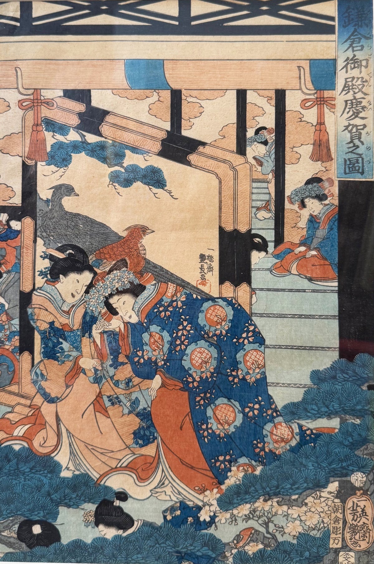ANTIQUE ORIGINAL JAPANESE TRIPTYCH WOODBLOCK PRINT BY UTAGAWA KUNISADA (1786-1864) TITLED CELEBRATORY SCENE AT THE KAMAKURA PALACE, 22.5IN x 36IN (57cm x 91cm)