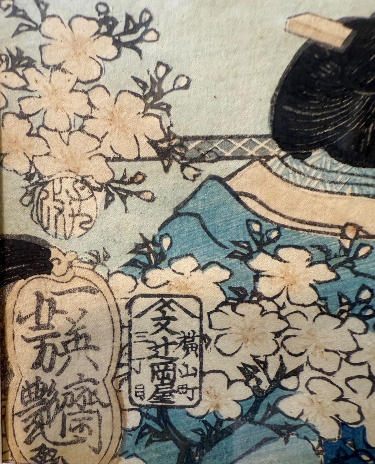 ANTIQUE ORIGINAL JAPANESE TRIPTYCH WOODBLOCK PRINT BY UTAGAWA KUNISADA (1786-1864) TITLED CELEBRATORY SCENE AT THE KAMAKURA PALACE, 22.5IN x 36IN (57cm x 91cm)