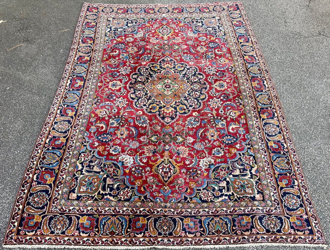 ANTIQUE SIGNED PERSIAN MASHAD HAND KNOTTED RUG, 6.3 x 9.4 (191cm x 284cm)