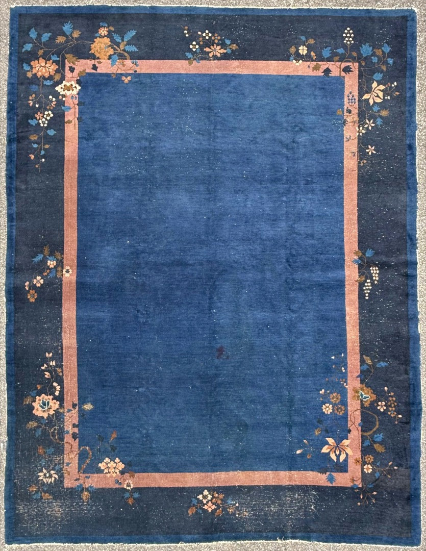 ANTIQUE CHINESE NICHOLS ART DECO HAND-KNOTTED RUG, INDIGO FIELD, MINIMALIST OPEN DESIGN, 1920S, 8.11 x 11.6 (272cm x 351cm)
