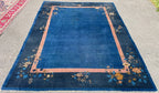ANTIQUE CHINESE NICHOLS ART DECO HAND-KNOTTED RUG, INDIGO FIELD, MINIMALIST OPEN DESIGN, 1920S, 8.11 x 11.6 (272cm x 351cm)