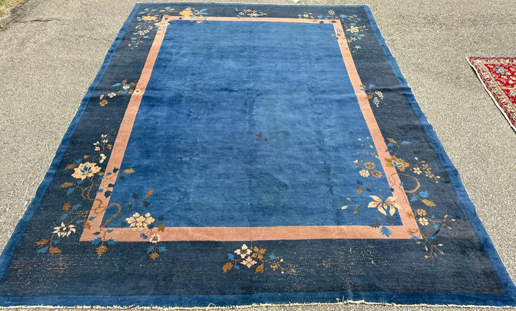ANTIQUE CHINESE NICHOLS ART DECO HAND-KNOTTED RUG, INDIGO FIELD, MINIMALIST OPEN DESIGN, 1920S, 8.11 x 11.6 (272cm x 351cm)