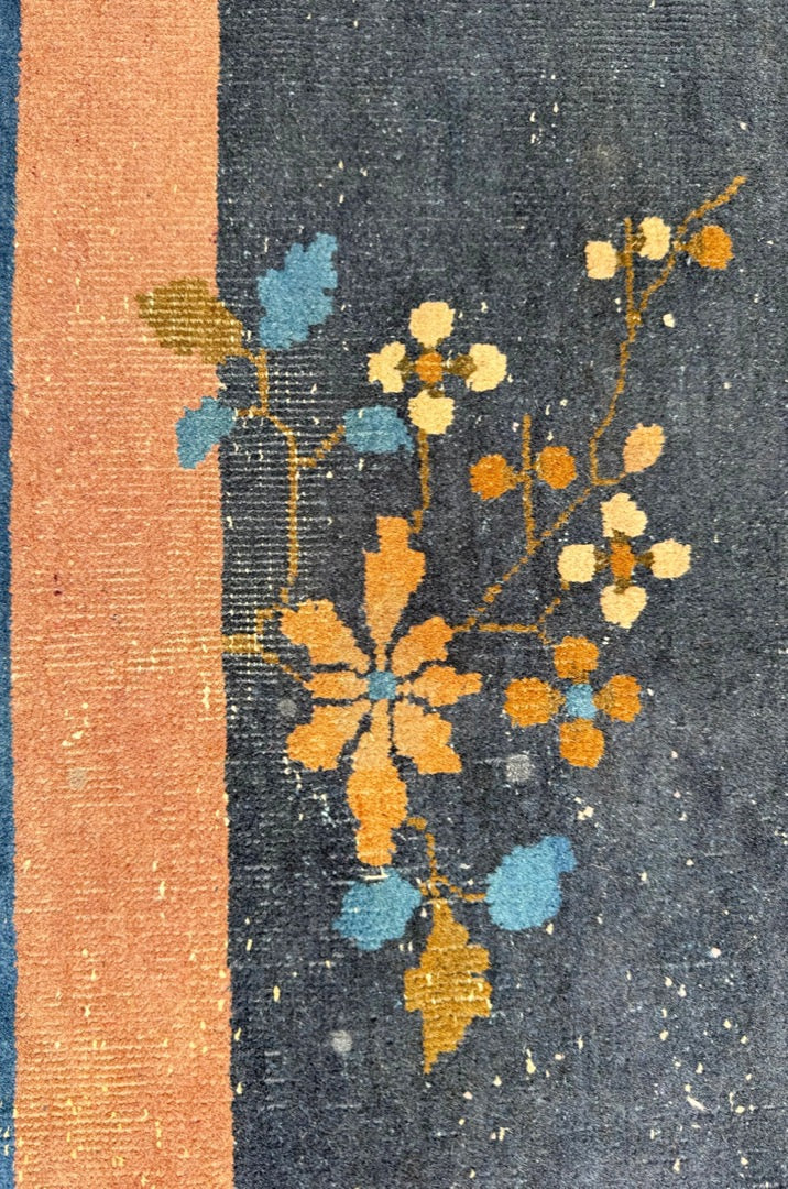 ANTIQUE CHINESE NICHOLS ART DECO HAND-KNOTTED RUG, INDIGO FIELD, MINIMALIST OPEN DESIGN, 1920S, 8.11 x 11.6 (272cm x 351cm)