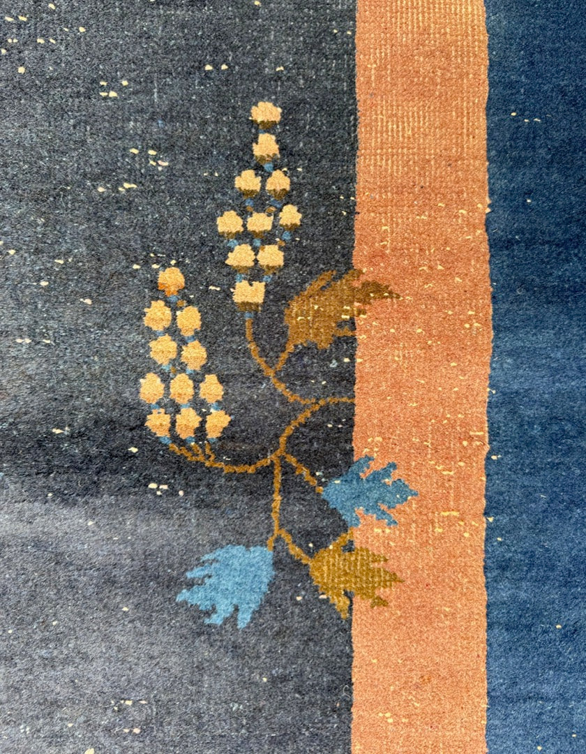 ANTIQUE CHINESE NICHOLS ART DECO HAND-KNOTTED RUG, INDIGO FIELD, MINIMALIST OPEN DESIGN, 1920S, 8.11 x 11.6 (272cm x 351cm)