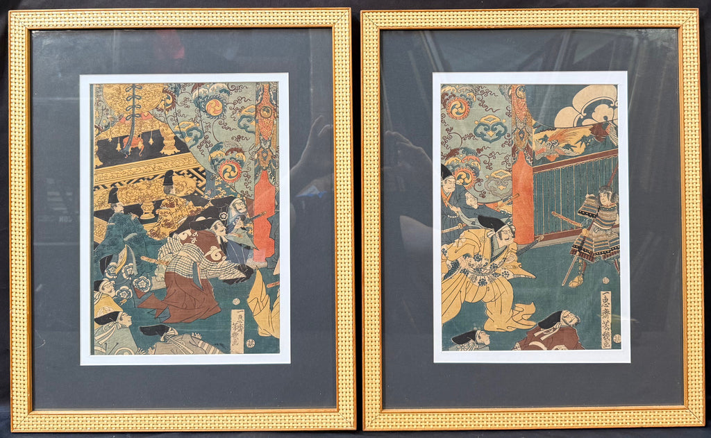 ORIGINAL JAPANESE WOODBLOCK DIPTYCH BY UTAGAWA YOSHIIKU (1833-1904) TITLED ANTICIPATION AT MORONAO’S MANSION, 18IN x 22IN (46cm x 56cm)