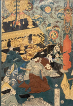 ORIGINAL JAPANESE WOODBLOCK DIPTYCH BY UTAGAWA YOSHIIKU (1833-1904) TITLED ANTICIPATION AT MORONAO’S MANSION, 18IN x 22IN (46cm x 56cm)
