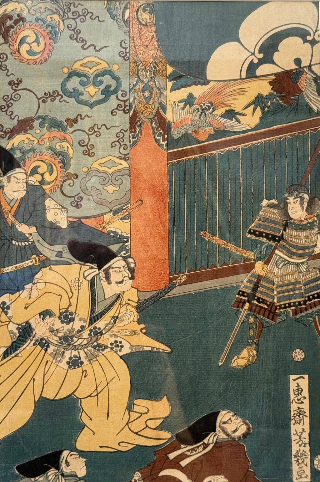 ORIGINAL JAPANESE WOODBLOCK DIPTYCH BY UTAGAWA YOSHIIKU (1833-1904) TITLED ANTICIPATION AT MORONAO’S MANSION, 18IN x 22IN (46cm x 56cm)