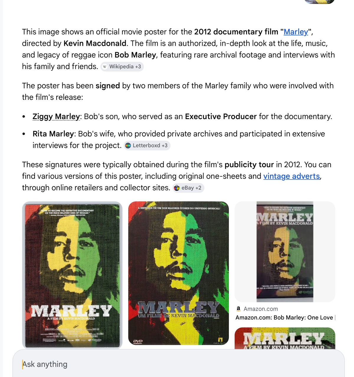 ZIGGY MARLEY AND RITA MARLEY DUAL-SIGNED “MARLEY” FILM POSTER, OFFICIAL DOCUMENTARY IN 2012, 18.5IN x 22.5IN (47cm x 57cm)