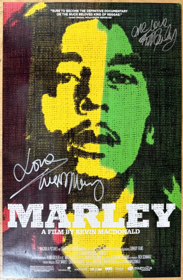 ZIGGY MARLEY AND RITA MARLEY DUAL-SIGNED “MARLEY” FILM POSTER, OFFICIAL DOCUMENTARY IN 2012, 18.5IN x 22.5IN (47cm x 57cm)