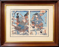 RARE ORIGINAL TOYOKUNI III (UTAGAWA KUNISADA) SAMURAI WOODBLOCK DIPTYCH TITLED BENKEI & YOSHITSUNE AT GOJO BRIDGE, EDO PERIOD c.1850s WITH COA, 25IN x 31IN (64cm x 79cm)