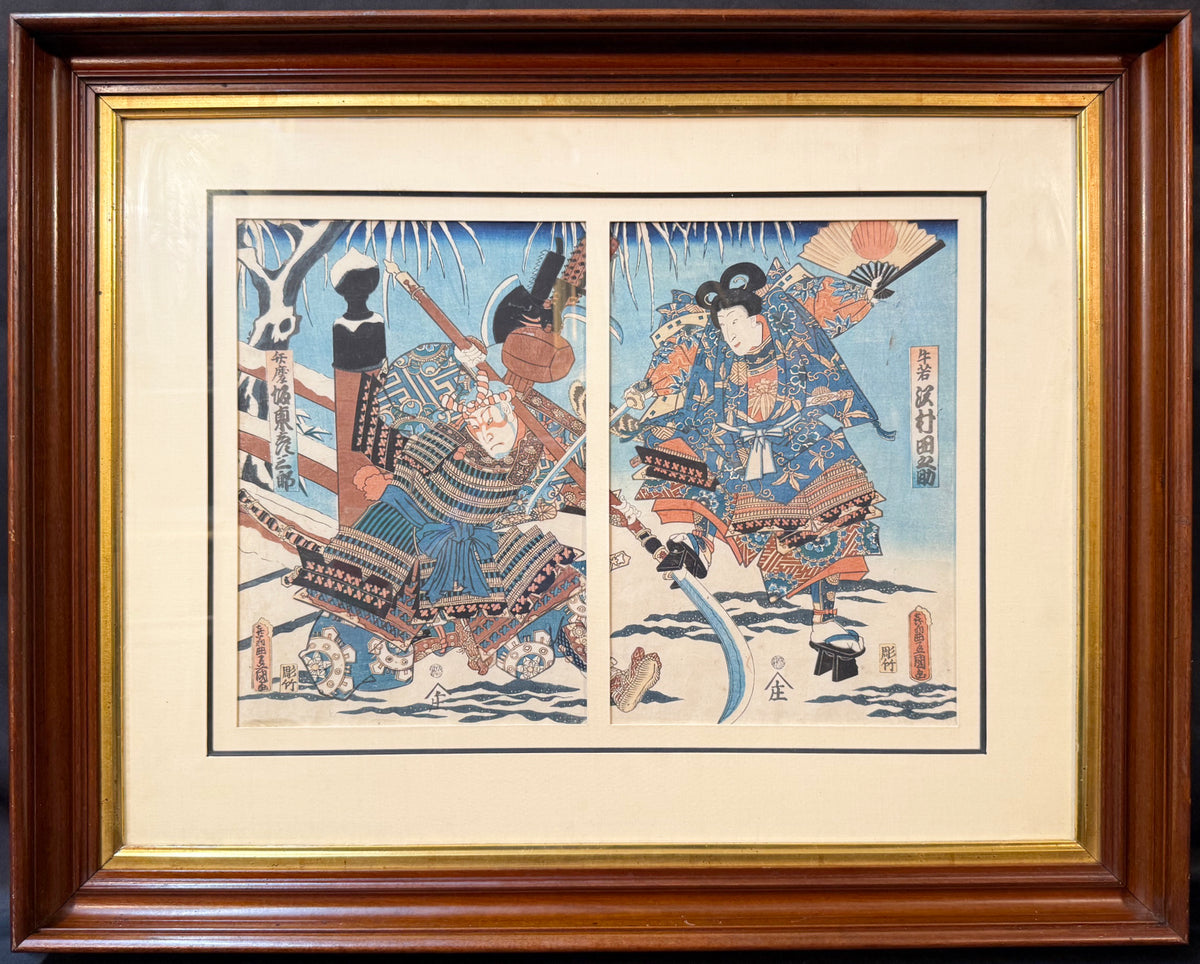 RARE ORIGINAL TOYOKUNI III (UTAGAWA KUNISADA) SAMURAI WOODBLOCK DIPTYCH TITLED BENKEI & YOSHITSUNE AT GOJO BRIDGE, EDO PERIOD c.1850s WITH COA, 25IN x 31IN (64cm x 79cm)