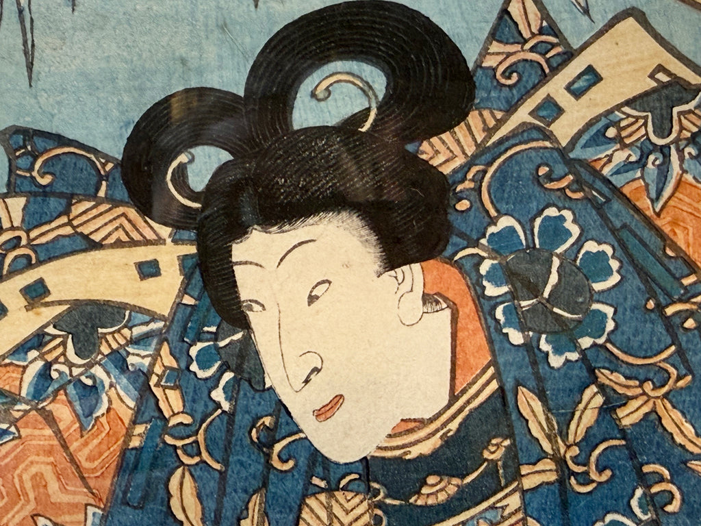 RARE ORIGINAL TOYOKUNI III (UTAGAWA KUNISADA) SAMURAI WOODBLOCK DIPTYCH TITLED BENKEI & YOSHITSUNE AT GOJO BRIDGE, EDO PERIOD c.1850s WITH COA, 25IN x 31IN (64cm x 79cm)