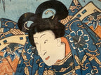 RARE ORIGINAL TOYOKUNI III (UTAGAWA KUNISADA) SAMURAI WOODBLOCK DIPTYCH TITLED BENKEI & YOSHITSUNE AT GOJO BRIDGE, EDO PERIOD c.1850s WITH COA, 25IN x 31IN (64cm x 79cm)