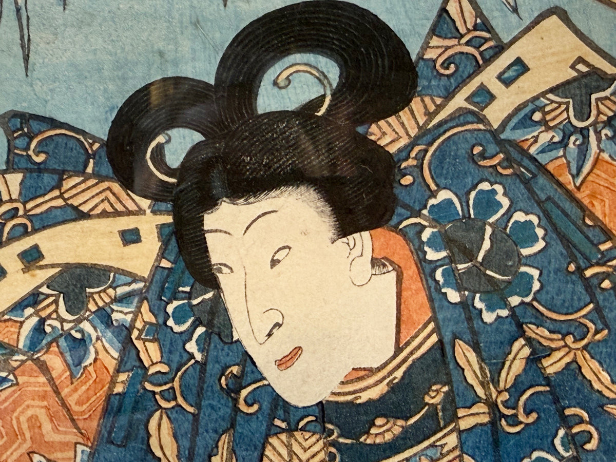 RARE ORIGINAL TOYOKUNI III (UTAGAWA KUNISADA) SAMURAI WOODBLOCK DIPTYCH TITLED BENKEI & YOSHITSUNE AT GOJO BRIDGE, EDO PERIOD c.1850s WITH COA, 25IN x 31IN (64cm x 79cm)