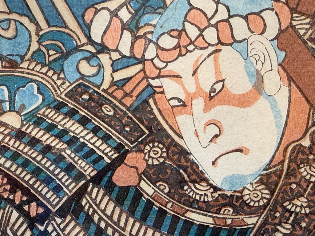 RARE ORIGINAL TOYOKUNI III (UTAGAWA KUNISADA) SAMURAI WOODBLOCK DIPTYCH TITLED BENKEI & YOSHITSUNE AT GOJO BRIDGE, EDO PERIOD c.1850s WITH COA, 25IN x 31IN (64cm x 79cm)
