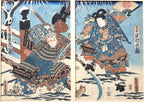 RARE ORIGINAL TOYOKUNI III (UTAGAWA KUNISADA) SAMURAI WOODBLOCK DIPTYCH TITLED BENKEI & YOSHITSUNE AT GOJO BRIDGE, EDO PERIOD c.1850s WITH COA, 25IN x 31IN (64cm x 79cm)