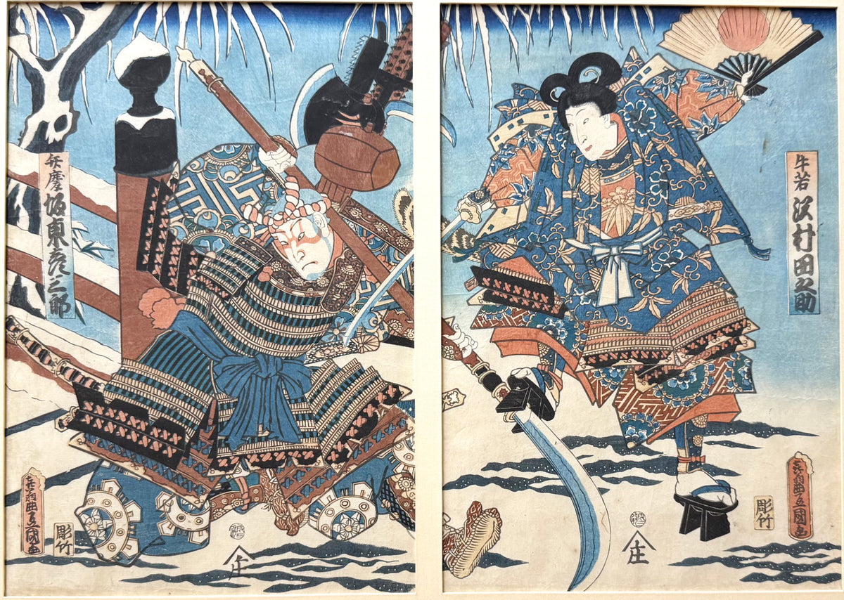 RARE ORIGINAL TOYOKUNI III (UTAGAWA KUNISADA) SAMURAI WOODBLOCK DIPTYCH TITLED BENKEI & YOSHITSUNE AT GOJO BRIDGE, EDO PERIOD c.1850s WITH COA, 25IN x 31IN (64cm x 79cm)