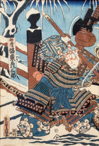 RARE ORIGINAL TOYOKUNI III (UTAGAWA KUNISADA) SAMURAI WOODBLOCK DIPTYCH TITLED BENKEI & YOSHITSUNE AT GOJO BRIDGE, EDO PERIOD c.1850s WITH COA, 25IN x 31IN (64cm x 79cm)