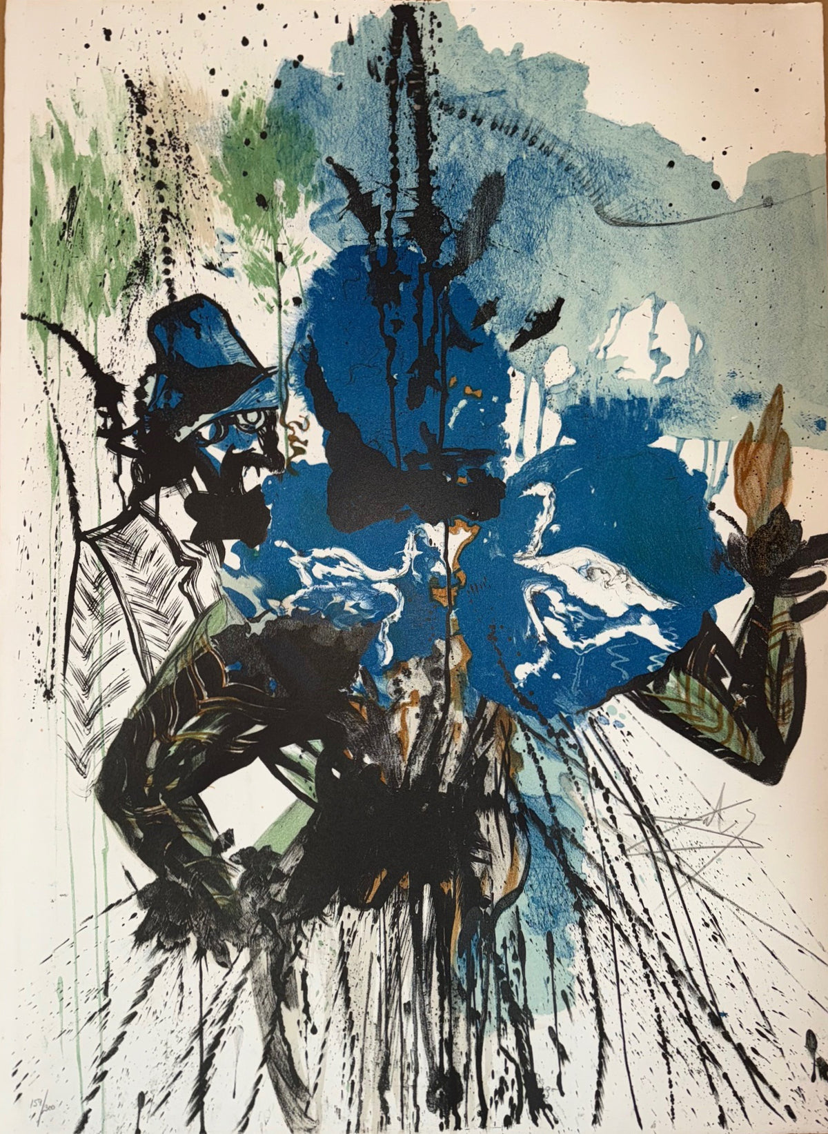 SALVADOR DALI (1904-1989) HAND SIGNED, LIMITED EDITION MIXED MEDIA LITHOGRAPH TITLED L’HOMME ET LA FLEUR, 33IN x 38IN (84cm x 96cm)