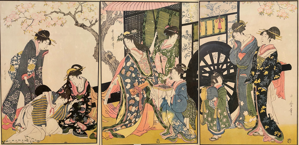 JAPANESE TRIPTYCH TITLED PARODY OF AN IMPERIAL CARRIAGE SCENE, 18IN x 23IN (46cm x 58cm)