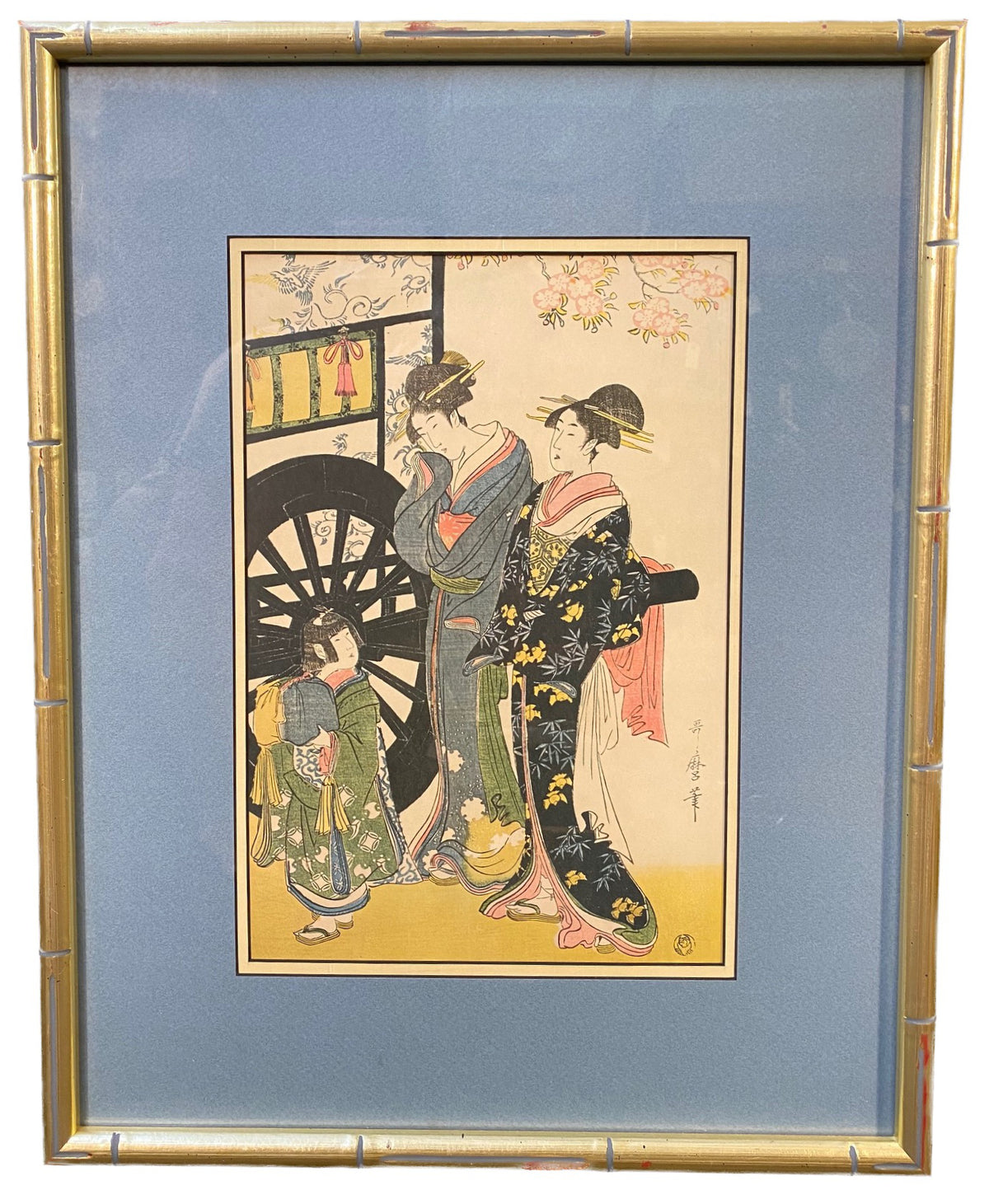 JAPANESE TRIPTYCH TITLED PARODY OF AN IMPERIAL CARRIAGE SCENE, 18IN x 23IN (46cm x 58cm)