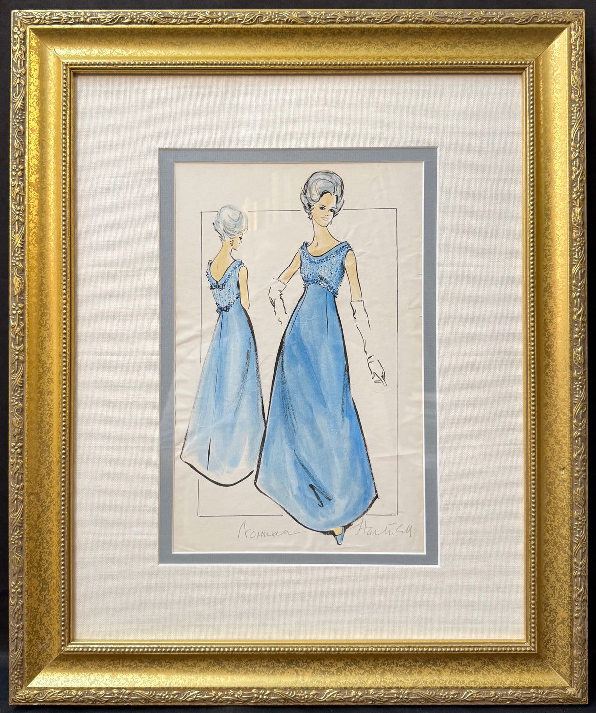 SIR NORMAN HARTNELL (1901-1979) ORIGINAL, HAND SIGNED WATERCOLOR, 20IN x 23.5IN (51cm x 60cm)