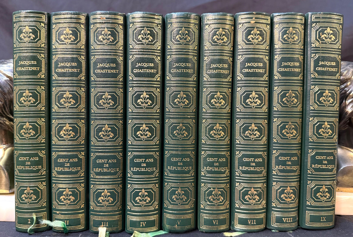 JACQUES CHASTENET “CENT ANS DE RÉPUBLIQUE” 9 VOL FRENCH LIBRARY SET, WHITE HOUSE CHEF PIERRE CHAMBRIN ESTATE, GILT DECORATIVE BINDING, 1970