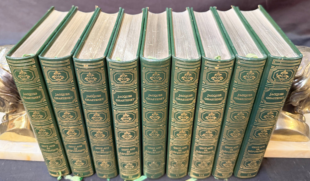 JACQUES CHASTENET “CENT ANS DE RÉPUBLIQUE” 9 VOL FRENCH LIBRARY SET, WHITE HOUSE CHEF PIERRE CHAMBRIN ESTATE, GILT DECORATIVE BINDING, 1970