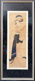 RARE EDO PERIOD KIKUGAWA EIZAN (1787–1867) ORIGINAL JAPANESE WOODBLOCK PRINT, KAKEMONO-E VERTICAL DIPTYCH OF A COURTESAN READING A LETTER WITH COA, 18IN x 42IN (46cm x 107cm)