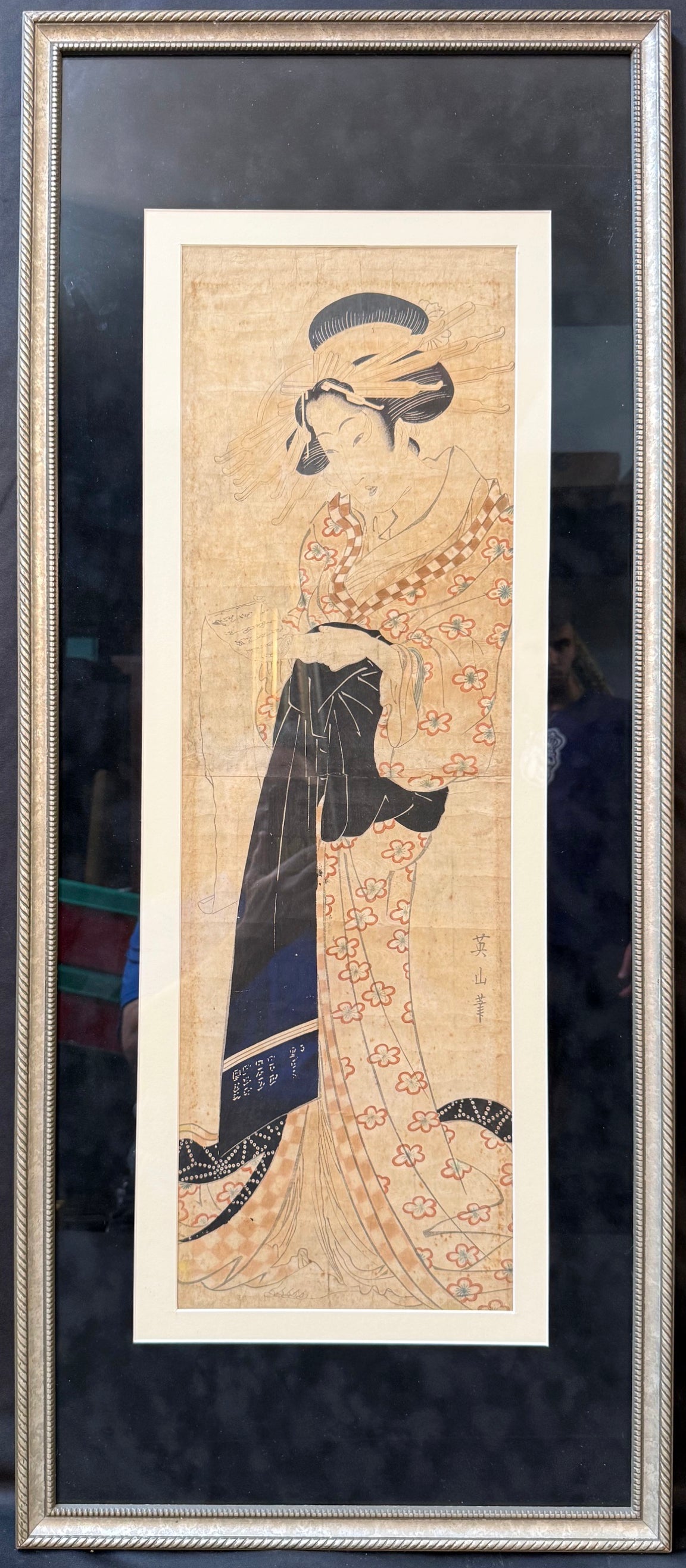 RARE EDO PERIOD KIKUGAWA EIZAN (1787–1867) ORIGINAL JAPANESE WOODBLOCK PRINT, KAKEMONO-E VERTICAL DIPTYCH OF A COURTESAN READING A LETTER WITH COA, 18IN x 42IN (46cm x 107cm)